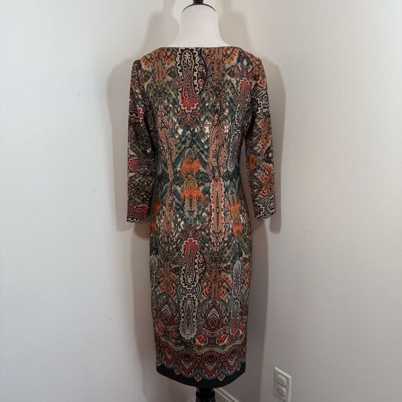 Beige ECI Sheath Dress 4 Paisley Scuba Knit Midi Pencil Fall Career Office - Picture 4 of 11